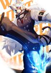  1boy absurdres arm_belt ascot black_pants black_vest blue_fire closed_mouth commentary_request eyepatch fire furry furry_male highres kicking male_focus muzzle_(mask) pants red_ascot red_eyes shirt sisualicon solo tail_belt vest von_lycaon white_background white_shirt wolf_boy zenless_zone_zero 