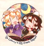  belt bird black_belt black_capelet black_hat blonde_hair blush_stickers book bow bowtie brown_hair capelet chibi chibi_only collared_dress contrast_collar crescent dr.latency's_freak_report dress hair_between_eyes hair_bow hand_on_own_chin hat infinity_symbol long_sleeves maribel_hearn marker_(medium) mob_cap open_mouth purple_dress red_bow red_bowtie sanwa_no_jako_(daikichi_club) shirt short_hair sleeve_cuffs swallow_(bird) touhou traditional_media usami_renko white_hat white_shirt |_| 