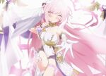  1girl absurdres bare_shoulders bell black_shorts blush breasts chinese_commentary cleavage clothing_cutout commentary_request elysia_(herrscher_of_human:_ego)_(honkai_impact) elysia_(honkai_impact) gloves hair_between_eyes highres honkai_(series) honkai_impact_3rd large_breasts long_hair looking_at_viewer pink_eyes pink_hair pink_pupils shirt short_shorts short_sleeves shorts side_cutout solo tangcu thigh_strap triquetra veil white_background white_gloves white_shirt white_veil 