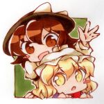  :d :o black_hat blonde_hair blush_stickers bow bowtie brown_eyes brown_hair collared_shirt dress fang hair_between_eyes hair_bow hand_rest hat hat_bow highres long_sleeves looking_at_viewer maribel_hearn marker_(medium) mob_cap open_mouth purple_dress red_bow red_bowtie sanwa_no_jako_(daikichi_club) shirt short_hair single_blush_sticker sleeve_cuffs sleeve_garter smile touhou traditional_media usami_renko waving white_background white_bow white_hat white_shirt yellow_eyes 