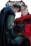  aged_up bat_signal batman batman_(series) batman_symbol black_bodysuit black_gloves black_hair blue_eyes bodysuit brothers commentary_request cowl dc_comics dick_grayson gloves highres holding jason_todd male_focus mask multicolored_bodysuit multicolored_hair multiple_boys muscular muscular_male red_hood_(dc) red_mask scar scar_on_face short_hair siblings smallstarrrr superhero_costume triple_self-portrait_(norman_rockwell) two-tone_bodysuit two-tone_hair white_hair 