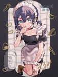  1girl absurdres apron artist_name bare_arms bare_legs bike_shorts black_choker black_hair blush boots breasts brown_boots character_name choker collarbone commentary frilled_apron frills full_body green_eyes hair_between_eyes hand_on_own_knee haraga_kurumi heart highres kimi_no_koto_ga_dai_dai_dai_dai_daisuki_na_100-nin_no_kanojo kneeling licking licking_finger looking_at_viewer low_twintails maid maid_apron maid_headdress puffy_short_sleeves puffy_sleeves short_hair short_sleeves short_twintails small_breasts solo tongue tongue_out twintails twitter_username waist_apron watermark white_apron wrist_cuffs zarame_niboshi 