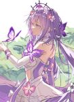  1girl arm_at_side black_tiara bright_pupils bug butterfly butterfly_earrings castorice_(honkai:_star_rail) commentary cowboy_shot den_dendayo detached_collar detached_sleeves dress earrings flower from_side grass hair_flower hair_ornament hand_up hashtag-only_commentary highres honkai:_star_rail honkai_(series) jewelry long_hair looking_at_animal multicolored_eyes parted_lips pink_eyes pink_flower pointy_ears purple_butterfly purple_eyes purple_hair sidelocks sketch solo tiara twintails two-tone_eyes very_long_hair white_background white_dress white_flower white_pupils 
