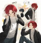  2boys absurdres adjusting_eyewear amamiya_ren bespectacled black-framed_eyewear black_coat blue_pants character_name chibi chibi_inset coat commentary curtained_hair denim drawn_star english_commentary glasses grid_background hand_on_eyewear hand_on_own_head hands_on_eyewear highres iroin11 jeans kamishiro_nagisa lapels long_sleeves looking_at_viewer male_focus multiple_boys multiple_views pants persona persona_5 persona_5:_the_phantom_x red_eyes red_hair ribbed_sweater short_hair solo_focus sweater turtleneck turtleneck_sweater white_background white_sweater 