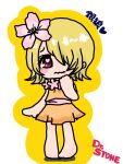  1boy antasu arm_at_side bare_legs barefoot blonde_hair blush_stickers character_name chibi closed_mouth commentary_request copyright_name crossdressing crossdressing_(mtf) dr._stone dress embarrassed flower flower_collar full_body furrowed_brow ginro_(dr._stone) hair_flower hair_ornament hair_over_one_eye hand_to_own_mouth heart heart_in_eye lipstick looking_at_viewer makeup male_focus medium_hair official_alternate_costume one_eye_covered orange_dress outline pink_flower pink_lips pink_sash red_eyes sash shadow short_dress simple_background solo standing symbol_in_eye translated trap wavy_mouth white_background yellow_outline 