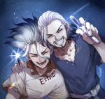  2boys beard belt black_hair blue_hair clenched_teeth closed_eyes collarbone dr._stone e=mc2_(equation) facial_hair facial_mark father_and_son grey_hair grin hand_on_another's_shoulder highres holding holding_test_tube hug hug_from_behind ishigami_byakyuya ishigami_senkuu laughing long_hair male_focus medium_hair multicolored_hair multiple_boys mustache open_mouth ray_sa9 short_sleeves simple_background smile spiked_hair star_(sky) teeth test_tube torn_clothes white_belt white_hair 