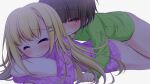  1boy 1girl aoi_aruma blonde_hair blush bottomless boy_on_top brown_hair claudia_nimbus_(jissai_no_tokoro) closed_eyes closed_mouth clothed_sex cum female_orgasm from_side game_cg green_pajamas grey_background hair_between_eyes hair_ornament hair_over_eyes hairclip hugging_object implied_sex jissai_no_tokoro large_variant_set long_bangs long_hair long_sleeves lying lying_on_person on_stomach orgasm pajamas pillow pillow_hug pink_pajamas polka_dot polka_dot_shirt prone_bone raised_inner_eyebrows sex sex_from_behind shirt short_hair sidelocks simple_background tareme third-party_source vaginal variant_set very_long_hair x_hair_ornament yorino_shizuru_(jissai_no_tokoro) 