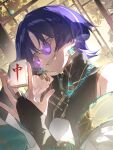  1boy a_maya_xxx alternate_costume aqua_gemstone armpit_crease bead_necklace beads black_bridal_gauntlets black_collar black_shirt blunt_ends bridal_gauntlets chinese_clothes collar commentary_request earrings eyeliner eyeshadow fingernails gem genshin_impact gold_earrings gold_ring gold_trim grin hand_on_own_face hand_up highres holding holding_mahjong_tile indoors jewelry lens_flare looking_at_viewer mahjong_tile makeup male_focus mandarin_collar middle_ring necklace off_shoulder open_hand plant purple-tinted_eyewear purple_eyes purple_hair red_eyeliner red_eyeshadow robe round_eyewear scaramouche_(genshin_impact) shirt sidelighting smile solo spaghetti_strap teeth tinted_eyewear wanderer_(genshin_impact) wanderer_(parallels_meet)_(genshin_impact) white_robe window wispy_bangs yellow_background 