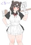  1girl ? absurdres alternate_costume apron black_dress blush bow bowtie broom brown_bear_(kemono_friends) brown_eyes brown_hair collared_dress commentary_request cowboy_shot dress enmaided extra_ears frilled_apron frills gloves hair_between_eyes highres kemono_friends kumasyan1998 looking_at_viewer maid maid_apron maid_headdress red_bow red_bowtie short_dress short_hair short_sleeves sidelocks solo spoken_question_mark white_apron white_gloves white_hair 