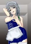 apron arm_behind_head arm_up bare_shoulders blue_dress blue_eyes blush bow braid breasts breasts_out chastity_belt commentary_request dress from_below grabbing_own_breast green_bow green_neckerchief grey_hair hair_bow izayoi_sakuya kams large_breasts looking_at_viewer maid maid_apron maid_headdress neckerchief nipples nose_blush open_mouth thighhighs touhou twin_braids white_thighhighs 