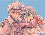  2boys arm_around_shoulder ascot bakugou_katsuki black_ascot blonde_hair blue_background boku_no_hero_academia brown_coat coat collared_coat commentary_request freckles gloves goggles goggles_on_head green_eyes green_hair grin harness lapels long_sleeves looking_at_viewer male_focus midoriya_izuku multiple_boys notched_lapels open_mouth parted_bangs pouch red_eyes red_gloves short_hair simple_background smile spiked_hair teeth tongue twitter_username upper_body upper_uzuki wide-eyed 
