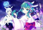  2girls ahoge animal_ears blue_eyes bunny_ears fan flower folding_fan full_moon green_eyes green_hair gumi hair_flower hair_ornament japanese_clothes kimono moon multiple_girls paper_fan purple_eyes purple_hair short_hair_with_long_locks sidelocks utatane_piko vocaloid voiceroid white_hair yoitsukishin yuzuki_yukari 