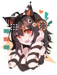  1girl :d ahoge animal_ear_headphones animal_ears black_hair cat_ear_headphones cat_ears commentary_request cropped_torso fake_animal_ears hands_up headphones highres long_sleeves looking_at_viewer mahou_shoujo_no_majo_saiban multicolored_hair open_mouth orange_eyes otomebakudan sawatari_coco sharp_teeth smile solo speech_bubble streaked_hair teeth upper_body white_background 