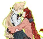  2girls alice_thymefield animal_ear_fluff animal_ears arms_around_waist black_gloves blonde_hair braid braided_twintails brown_pantyhose cardigan closed_mouth commentary english_commentary eye_contact fingerless_gloves from_side gloves green_eyes green_outline green_skirt hair_ornament hearing_aid highres long_hair looking_at_another low_twintails multiple_girls open_mouth outline pantyhose pink_cardigan rabbit_ears rabbit_girl red_eyes red_hair sanguinegaze shirt simple_background sitting sitting_on_person skirt sphere_hair_ornament twintails ukinami_yuzuha upper_body white_background white_shirt yuri zenless_zone_zero 