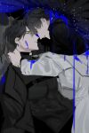  2boys absurdres aegyo_sal ambiguous_blue_liquid black_coat black_eyes black_hair black_shirt black_wings coat coat_partially_removed collared_shirt dripping feathered_wings forehead-to-forehead hand_on_another's_shoulder hayu_beck heads_together highres kim_dokja looking_at_viewer male_focus multiple_boys omniscient_reader's_viewpoint open_clothes open_coat popped_collar red_eyes shirt short_hair starry_sky_print white_coat wings yoo_joonghyuk 