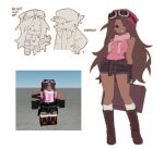  1boy 1girl air_zizon beanie black_shirt block_tales boots brown_boots brown_hair clothes_around_waist commentary_request english_text goggles goggles_on_head griefer_(block_tales) hair_intakes hat highres holding holding_suitcase jacket jacket_around_waist korean_commentary kyoko_(block_tales) long_hair one_eye_closed pink_hat pink_scarf roblox scarf shirt sleeveless sleeveless_shirt socks suitcase tooth_gap very_long_hair white_socks 