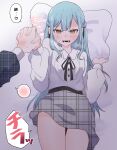  2girls bang_dream! bang_dream!_it's_mygo!!!!! blue_hair blush commentary_request female_pov grey_skirt highres holding_hands long_hair multiple_girls nago_(hasakimati) open_mouth pillow plaid_clothes plaid_skirt pov shirt skirt speech_bubble spoken_blush togawa_sakiko translation_request two_side_up wakaba_mutsumi white_shirt yellow_eyes yuri 