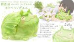  1girl bird cabbage closed_eyes commentary_request daikon duck food-themed_creature fox highres horned_frog leaf lying mixed-language_text on_stomach open_mouth oyasai_yousei_to_manabu_yasai_no_chishiki_zukan ponkichi_(ponkichim) radish tears white_background 