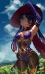  1girl absurdres arm_up armpits black_choker black_gloves black_hair blue_leotard blue_sky bodystocking breasts choker cloud commentary_request covered_navel day earrings field flower flower_field genshin_impact gloves gold_trim grass green_eyes hand_on_own_hip hat highres jewelry leotard long_hair looking_up mona_(genshin_impact) outdoors parted_lips purple_hair ribs single_earring skin_tight sky small_breasts solo standing tenio_spla twintails very_long_hair witch_hat 