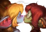 absurd_res big_ears blonde_hair blue_body duo eyes_closed female female/female goblin green_body hair hi_res huge_ears humanoid humanoid_pointy_ears kissing league_of_legends lips ophelia_(okgaki) pigtails pointy_ears poppy_(lol) red_hair riot_games tencent vestavice yordle