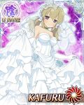  1girl blonde_hair border breasts bridal_veil bride card_(medium) character_name choker closed_mouth crown curtsey dress elbow_gloves game_cg gloves green_choker hair_ornament kafuru_(senran_kagura) lifting_own_clothes light_blush looking_at_viewer low_twintails medium_breasts medium_hair mini_crown official_art purple_eyes senran_kagura senran_kagura_new_wave short_twintails smile solo strapless strapless_dress twintails veil wedding wedding_dress white_dress white_gloves yellow_pupils 