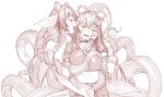  2girls agemmata bare_arms blush breasts character_request choker commentary covered_nipples english_commentary fujikura_uruka greyscale hair_between_eyes hand_on_another's_cheek hand_on_another's_face highres large_breasts midriff monochrome monster_girl multiple_girls open_mouth phase_connect restrained short_sleeves simple_background suction_cups tentacle_girl tentacles tongue tongue_out virtual_youtuber yuri 
