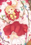  adapted_costume alternate_wings apple basket blonde_hair bottle bow capelet dress fang flandre_scarlet flower food fred04142 fruit hair_ribbon highres kneehighs looking_at_viewer lying on_back open_mouth red_eyes ribbon rose side_ponytail smile solo touhou white_legwear wings wrist_cuffs 