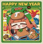  1girl :3 :d animal_costume bird blunt_bangs blush_stickers bow bowtie chibi chibi_only closed_eyes commentary_request eagle eggplant full_body green_bow green_bowtie highres horse_costume long_hair marimarimo open_mouth orange_hair outline silence_suzuka_(umamusume) smile solo sparkle umamusume white_outline 