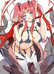  bikini blue_eyes blush breasts cleavage dragon_girl dragon_tail fangs highres izuru_(timbermetal) large_breasts monster_girl original pointy_ears red_hair solo swimsuit tail twintails 