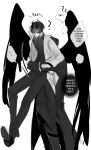  2boys ? aegyo_sal arm_around_waist black_coat black_eyes black_hair black_shirt black_wings coat collared_shirt demon_horns feathered_wings full_body hayu_beck highres horns hug hug_from_behind kim_dokja korean_text lifting_person looking_at_viewer male_focus motion_lines multiple_boys omniscient_reader's_viewpoint open_clothes open_coat popped_collar shirt short_hair speech_bubble white_coat wings yoo_joonghyuk 
