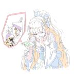  1girl bare_shoulders blonde_hair bow braid breasts cleavage closed_eyes color_trace covering_own_mouth detached_sleeves glasses hair_bow highres holding holding_phone inset large_breasts leaning_forward long_hair long_sleeves mahou_shoujo_no_majo_saiban manly mole mole_under_eye phone ponytail saeki_miria simple_background solo speech_bubble trembling tsujiya_okuyasu white_background wide_sleeves 