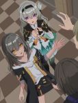  2boys 2girls black_hairband black_jacket black_ribbon black_skirt checkered_floor commentary_request cropped_jacket firefly_(honkai:_star_rail) grey_hair hair_between_eyes hair_intakes hair_ornament hair_ribbon hairband honkai:_star_rail honkai_(series) jacket long_hair miniskirt multiple_boys multiple_girls neckerchief open_clothes open_jacket open_mouth orange_neckerchief own_hands_together ribbon shirt skirt stelle_(honkai:_star_rail) toki78288809 trailblazer_(honkai:_star_rail) white_shirt yellow_eyes 