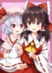  2girls :d ascot bare_shoulders blue_hair blush border bow breasts brown_eyes brown_hair collared_shirt commentary_request contrast_collar cowboy_shot detached_sleeves frilled_bow frilled_hair_tubes frilled_shirt_collar frilled_sleeves frills grabbing_another's_arm hair_between_eyes hair_bow hair_tubes hakurei_reimu hat hat_ribbon highres long_hair looking_at_another medium_breasts mob_cap multiple_girls open_mouth outside_border pink_background pink_border pink_hat pink_shirt puffy_short_sleeves puffy_sleeves red_bow red_eyes red_ribbon red_shirt red_skirt remilia_scarlet ribbon ribbon-trimmed_sleeves ribbon_trim ruu_(tksymkw) shirt short_hair short_sleeves sidelocks skirt skirt_set smile sweat touhou white_sleeves wide_sleeves yellow_ascot yuri 