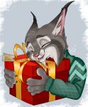 anthro black_claws black_ear_tips box cheek_tuft claws clothing container dipstick_ears disney ear_markings eiviaris eyes_closed facial_tuft felid feline fur gift gift_bow gift_box gift_tag green_clothing green_sweater green_topwear grey_body grey_fur happy hi_res holding_box holding_container holding_gift holding_object lynx male mammal multicolored_ears pawbert_lynxley pink_nose pink_tongue smile solo sweater teeth tongue topwear tuft whiskers white_body white_fur zootopia