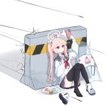  1girl 2_pycat :t absurdres ahoge arm_up ballistic_shield black_sailor_collar black_skirt black_thighhighs blue_archive blush_stickers boots bright_pupils bullet bullet_hole cardigan cellphone closed_mouth commentary cookie eating english_commentary english_text engrish_commentary food full_body hair_between_eyes halo hand_up highres holding holding_food holding_phone knees_together_feet_apart knees_up korean_commentary long_hair long_sleeves looking_at_phone macaron miniskirt mixed-language_commentary motion_lines natsu_(blue_archive) necktie panties phone pink_hair pink_halo pleated_skirt red_eyes red_necktie sailor_collar school_uniform serafuku shield side_ponytail sidelocks simple_background single_boot sitting skirt smartphone solo taking_picture thighhighs thighs traffic_barrier underwear very_long_hair white_background white_boots white_cardigan white_panties white_pupils zettai_ryouiki 