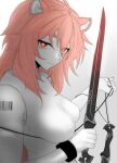  1girl animal_ear_fluff animal_ears arknights barcode barcode_tattoo blush bodysuit breasts closed_mouth commentary dokonjou_(odossan) english_commentary from_side garrote gravel_(arknights) guardless_sword hair_between_eyes highres holding holding_weapon large_breasts limited_palette looking_at_viewer mouse_ears mouse_girl pink_hair red_eyes shoulder_tattoo simple_background smile solo tattoo upper_body weapon white_background 