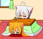  akita_neru animal_ears blonde_hair cat_ears chibi kotatsu long_hair multiple_girls silver_hair suzunonaruki table vocaloid yowane_haku 