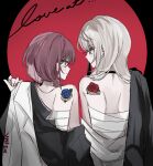  2girls bandages black_choker black_jacket brown_hair choker commentary ear_piercing eye_contact from_behind girls_band_cry grey_eyes grey_hair hamchan69 highres iseri_nina jacket kawaragi_momoka long_hair looking_at_another low_twintails matching_accessory multicolored_hair multiple_girls open_clothes open_jacket piercing roots_(hair) short_hair short_twintails shoulder_blades single_off_shoulder twintails upper_body white_jacket 