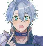  1boy armor asatya_ny black_shirt blue_eyes blush choker collared_shirt commentary_request gold_trim grey_hair highres honkai:_star_rail honkai_(series) looking_at_viewer male_focus open_mouth parted_hair pauldrons phainon_(honkai:_star_rail) pointing pointing_at_self shirt short_hair shoulder_armor simple_background single_pauldron solo sweat white_background wide-eyed 