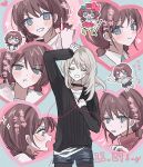  2girls absurdres black_choker black_pantyhose black_sweater blue_eyes blue_shorts blush bow brown_hair chibi chibi_inset choker clutching_chest commentary crying crying_with_eyes_open dated fur_trim girls_band_cry grey_hair hair_bow hamchan69 heart highres iseri_nina kawaragi_momoka koe_naki_sakana long_hair long_sleeves low_twintails multicolored_hair multiple_girls open_mouth pantyhose pantyhose_under_shorts pinky_out pout roots_(hair) short_hair short_twintails shorts string string_of_fate sweatdrop sweater tears twintails yuri 