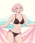  1girl alternate_costume aqua_eyes artist_name bikini black_bikini bob_cut breasts chromatic_aberration commentary cowboy_shot earrings english_commentary eyelashes gold_earrings haruno_sakura highres holding holding_towel hoop_earrings jewelry light_smile looking_at_viewer medium_breasts naruto_(series) navel panties parted_bangs parted_hair parted_lips pink_lips shiny_skin side-tie_panties swimsuit teeth tenartistt towel underwear water 
