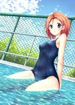  akita_hika bad_id bad_pixiv_id blue_eyes chain-link_fence fence hair_ornament hairclip highres one-piece_swimsuit orange_hair original partially_submerged pool school_swimsuit shallow_water short_hair sitting solo swimsuit wariza water 