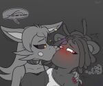 anthro bear blush bombay_(artist) canid canine clothed clothing dreadlocks duo ear_piercing female female/female forced forced_kiss fox freckles french_kissing french_text frenlivet_(bombay) jewelry kissing mammal oversized_clothing piercing porbit_(bombay) simple_background text