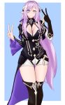  1girl absurdres black_boots black_cape black_gloves black_shirt blue_background blue_eyes boots border breasts cape cleavage commentary_request cyrene_(aedes_elysiae)_(honkai:_star_rail) cyrene_(honkai:_star_rail) double_v elf elysia_(honkai_impact) elysia_(miss_pink_elf)_(honkai_impact) gloves hair_ornament highres honkai_(series) honkai_impact_3rd korean_commentary large_breasts long_hair looking_at_viewer pink_hair pointy_ears prototype_design pyeong_il shirt short_shorts shorts simple_background single_glove solo thighs v very_long_hair white_border white_shorts 