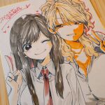  2girls ;) black_hair blonde_hair breasts brown_hair collarbone collared_shirt commentary_request copyright_name dark-skinned_female dark_skin food_court_de_mata_ashita grin heart highres large_breasts long_hair looking_at_viewer multiple_girls nariie_shin'ichirou necktie one_eye_closed photo_(medium) red_necktie school_uniform shikishi shirt side-by-side smile tan traditional_media v wada_(food_court) white_shirt yamamoto_(food_court) 