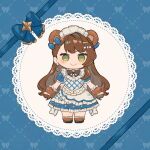  1girl animal_ears black_shoes blue_bow blush bow bowtie brown_bow brown_bowtie brown_hair character_request chibi chibi_only commentary copyright_request dress earrings frilled_dress frills full_body green_eyes hair_bow hair_ornament hairclip hibana_(hibana_ztlv) jewelry long_hair maid_headdress no_pupils shoes single_hair_intake smile solo straight-on symbol-only_commentary very_long_hair white_headdress 