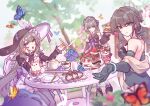  3girls absurdres alternate_costume aqua_eyes aqua_streaks black_hair bonnet bow bracelet brown_hair bug butterfly c520gpss cake_cat_(honkai:_star_rail) chair chimera_(honkai:_star_rail) chinese_commentary commentary_request detached_sleeves dress flower food gloves hair_bun hat herta_(honkai:_star_rail) herta_(puppet)_(honkai:_star_rail) highres honkai:_star_rail honkai_(series) jewelry leaf long_hair multiple_girls origami_bird_(honkai:_star_rail) outdoors peppy_(honkai:_star_rail) purple_eyes robe ruan_mei_(honkai:_star_rail) smile table tea the_herta_(honkai:_star_rail) wubbaboo_(honkai:_star_rail) 