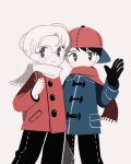  2boys backwards_hat black_eyes black_gloves black_pants blue_coat coat commentary_request cowboy_shot freckles frown gloves hat highres lloyd_(mother) looking_at_viewer male_focus mother_(series) mother_1 multiple_boys ninten no_nose pants red_coat red_scarf round_eyewear scarf simple_background tanba_(tanba-art) white_gloves white_scarf winter_clothes 