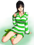  bangs black_hair boots breasts brown_eyes cleavage glasses high_heels large_breasts nico_robin one_piece panties pantyshot pantyshot_(sitting) ponytail shoes sitting sweater underwear yokozuwari zugan_(berugkamp) 