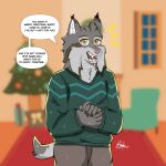 anthro black_claws black_ear_tips bottomwear brown_body brown_bottomwear brown_clothing brown_fur brown_pants chair cheek_tuft christmas christmas_tree claws clothing dialogue dipstick_ears disney ear_markings facial_tuft felid feline fur furniture gift green_clothing green_sweater green_topwear grey_body grey_fur hands_together head_tuft holidays looking_at_viewer lynx male mammal multicolored_ears ornament pants pawbert_lynxley pink_nose pink_tongue plant roukanzayev rug short_tail smile solo speech_bubble sweater tail talking_to_viewer teeth tongue topwear tree tuft whisker_spots white_body white_fur window yellow_eyes zootopia